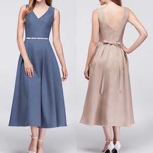 Steel Blue Tea Length Satin Dress